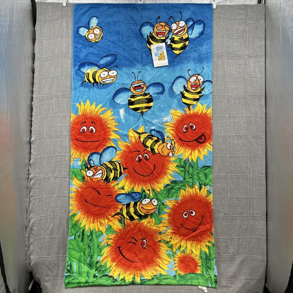 Vintage 2004 Hilasal 100% Cotton Beach Towel Bees Smiling Sunflowers New w/ Tags